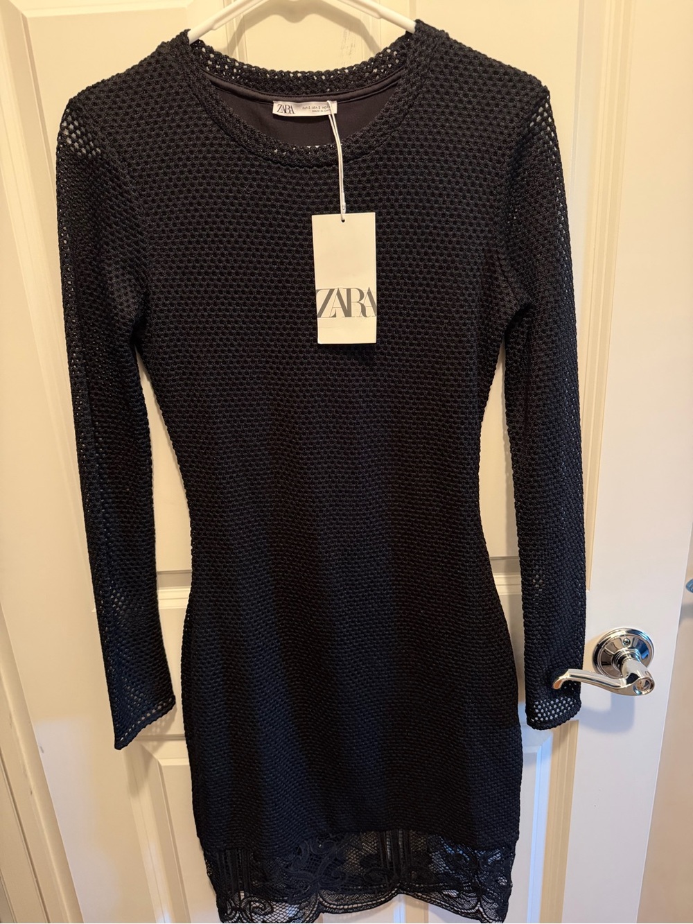 ZARA Black Long-Sleeve Knit Dress with Lace Hem